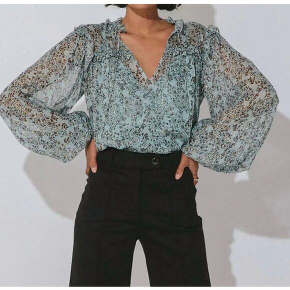 Cleobella Womens Loretta Blouse L Green Iris Floral Metallic Boho Ruffle Sheer - Picture 1 of 10